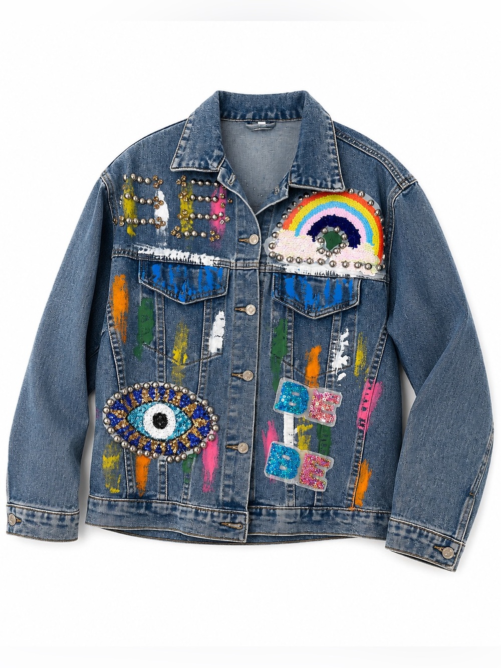 Kids Denim Jacket with Rainbow & Embellished Patches - Blue